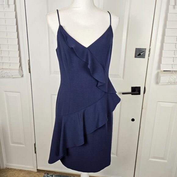 Black Halo Womens Dress Navy Blue‎ Ruffled Size 8 Quiet Luxury Preppy Evening - Picture 1 of 11